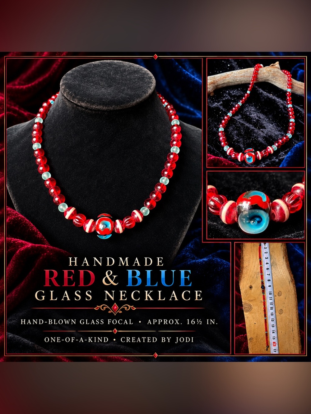 Handmade Red & Blue Glass Bead Necklace by